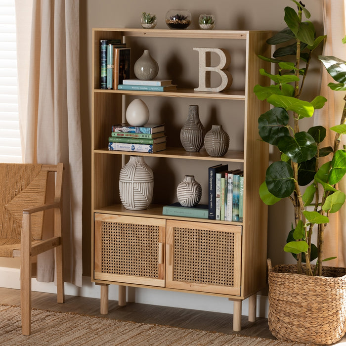FAULKNER NATURAL BROWN FINISHED WOOD AND RATTAN 2-DOOR BOOKCASE