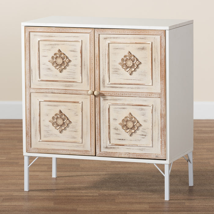 FAVIAN CLASSIC WHITE AND WEATHERED BROWN FINISHED WOOD 2-DOOR SIDEBOARD