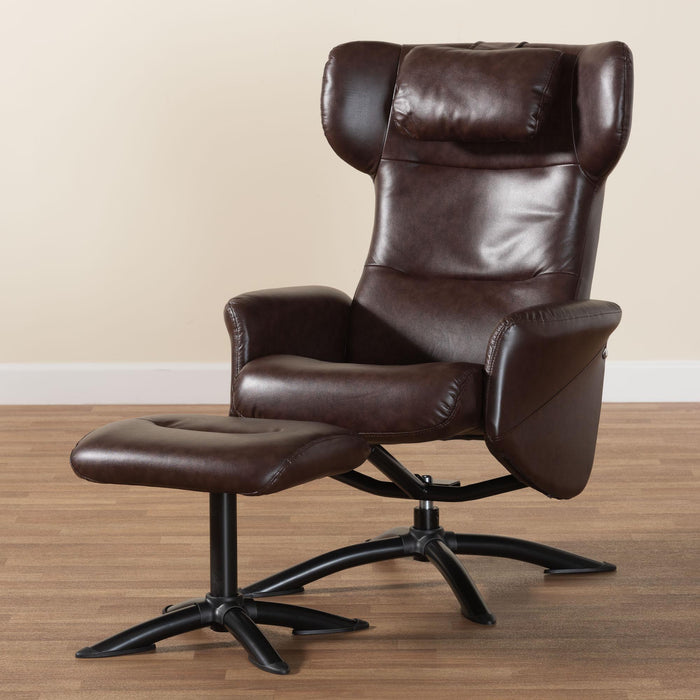 Elwood Modern Brown Faux Leather 2-Piece Lounge Chair and Footrest Set