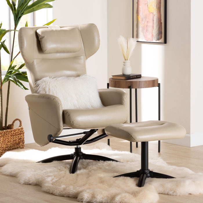 Elwood Modern Beige Faux Leather 2-Piece Lounge Chair and Footrest Set