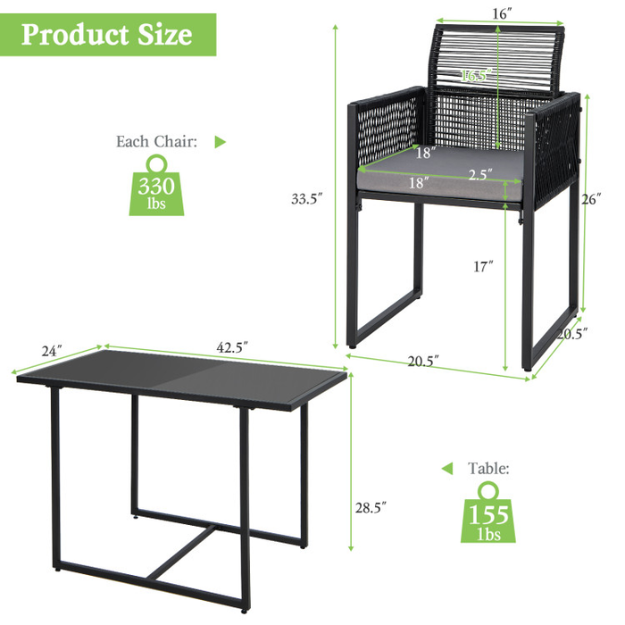 3 Pieces Outdoor Dining Set with Folding Backrest and Seat Cushions