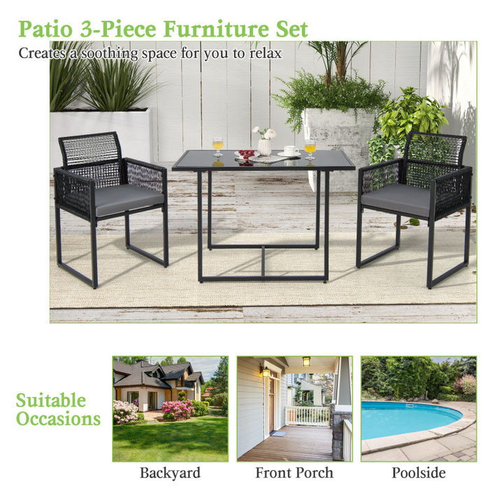 3 Pieces Outdoor Dining Set with Folding Backrest and Seat Cushions