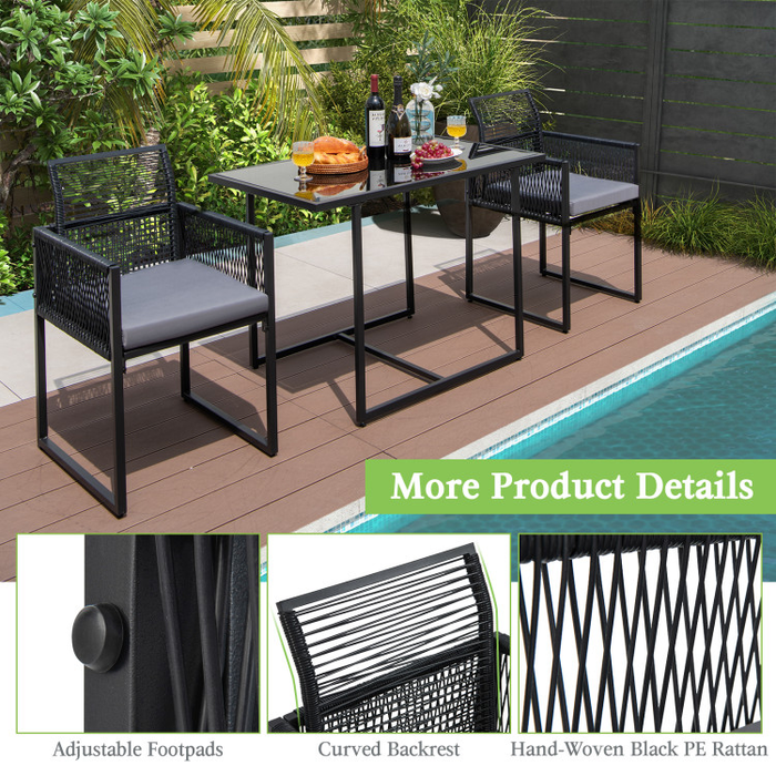 3 Pieces Outdoor Dining Set with Folding Backrest and Seat Cushions