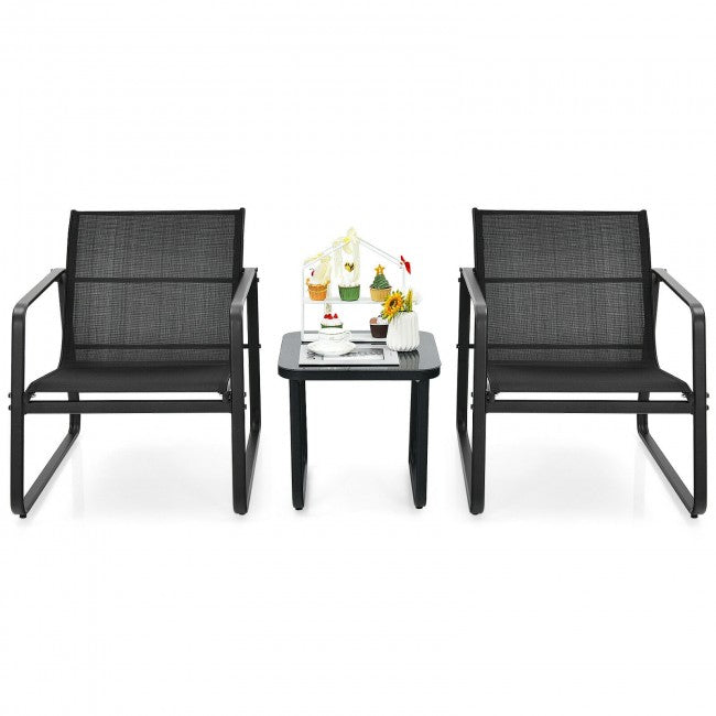 3 Pieces Patio Bistro Furniture Set with Glass Top Table/Black