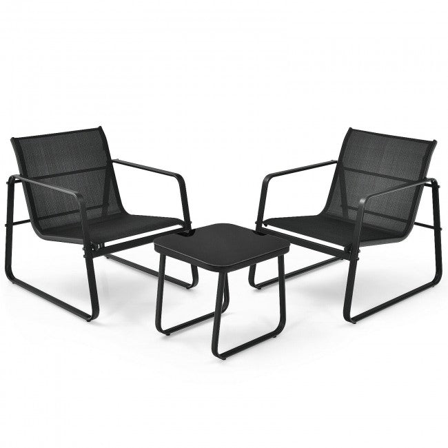 3 Pieces Patio Bistro Furniture Set with Glass Top Table/Black