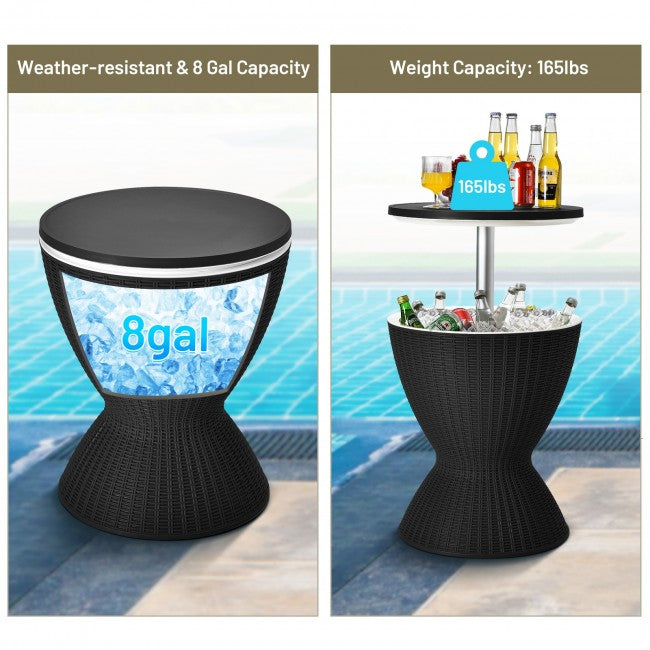 3 in 1 8 Gallon Patio Rattan Cooler Bar Table with Adjust Ice Bucket-Black